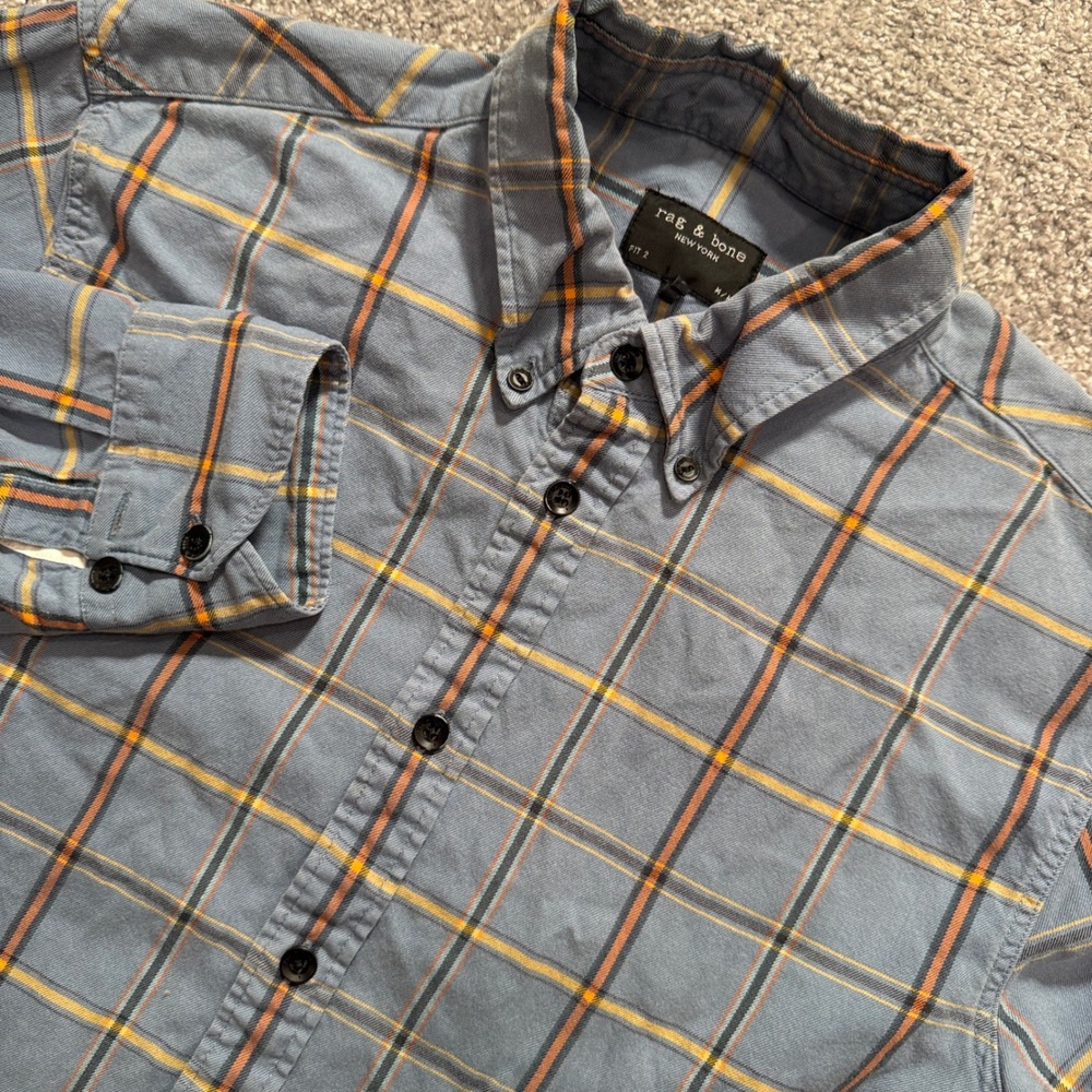 rag & bone Shirt Mens Medium Blue Orange Plaid Cotton Wool Flannel Fit 2 Casual